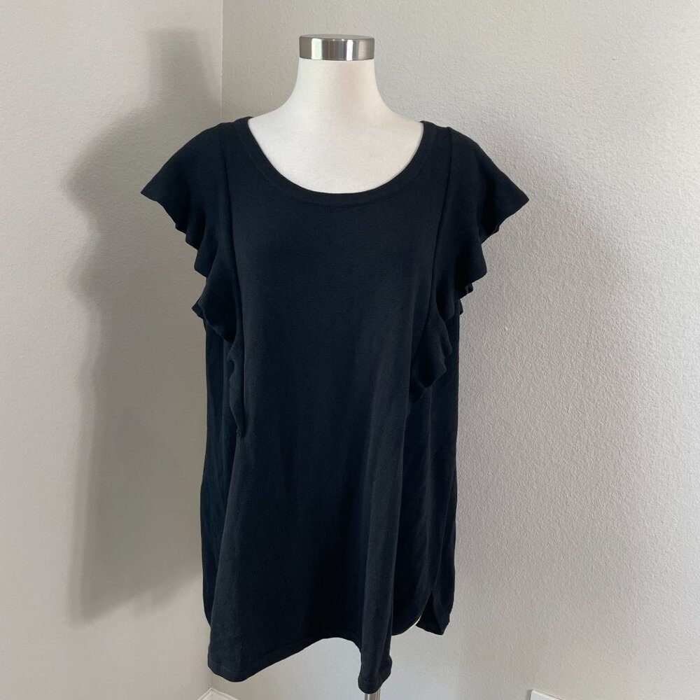 NEW Isaac Mizrahi Live Womens Plus 2X Ruffle Sleeve‎ Black Knit Tunic Top Shirt